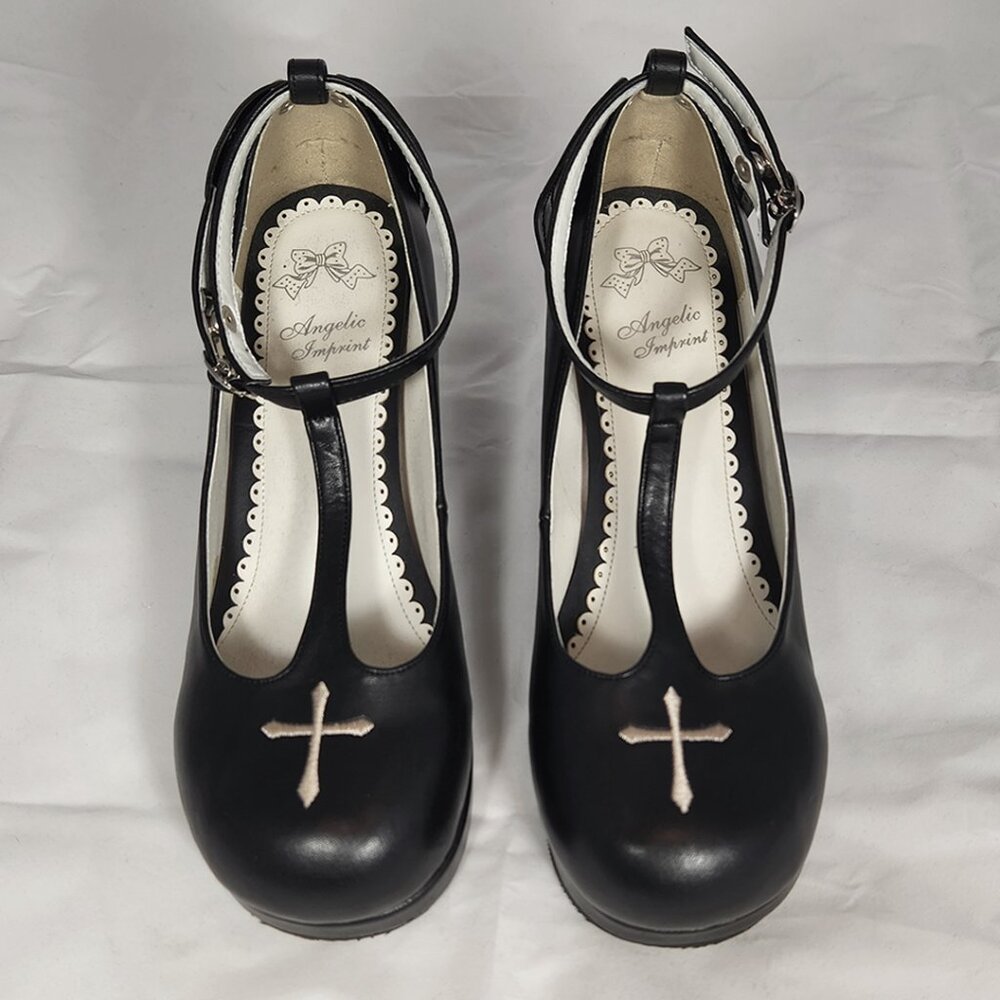 Angelic Imprint Gothic Lolita Cross Bat Wing Heels Black Mary Janes